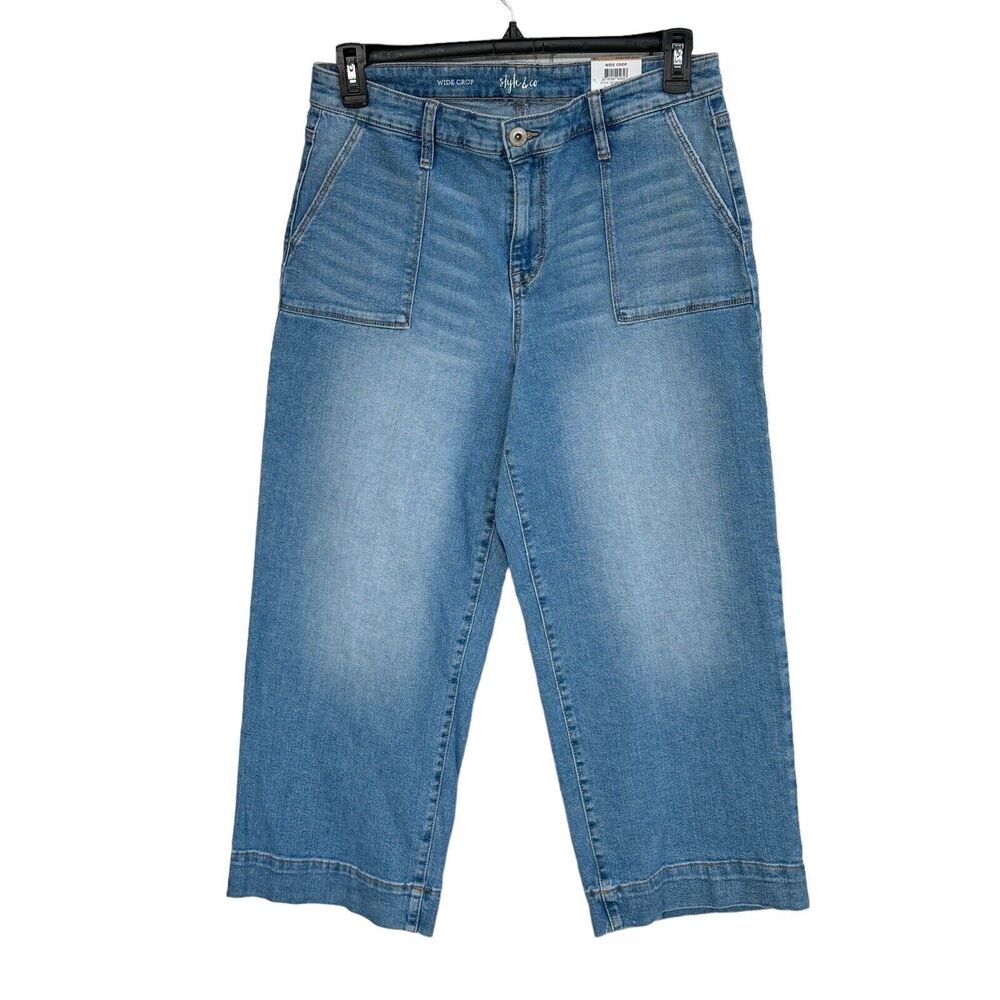 Style & Co SZ 12 Wide Crop Jeans Mid-Rise Stretch Pockets Light Wash Blue New